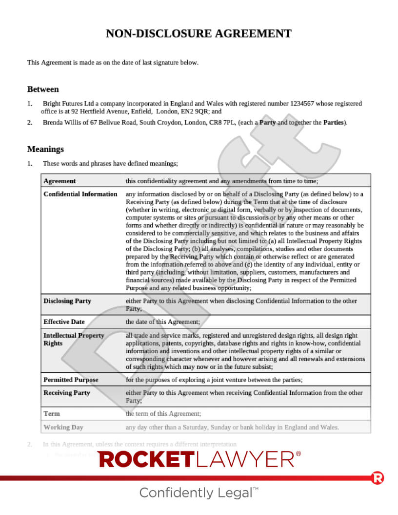 Non Disclosure Agreement (NDA) document preview