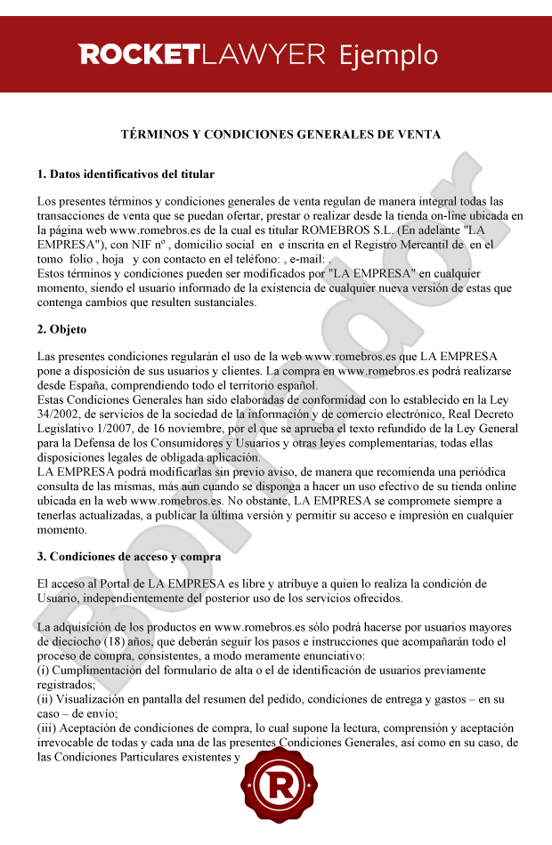 Condiciones generales de venta de bienes o servicios en internet